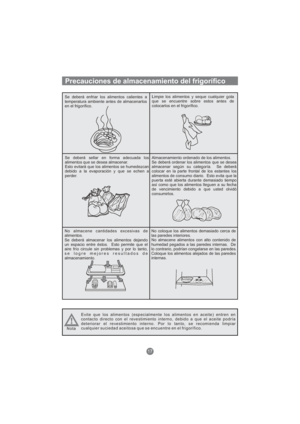 Page 132Se deberá enfriar los alimentos calientes a
temperatura ambiente antes de almacenarlos
en el frigorífico.Limpie los alimentos y seque cualquier gota
que se encuentre sobre estos antes de
colocarlos en el frigorífico.
Se deberá sellar en forma adecuada los
alimentos que se desea almacenar.
Esto evitará que los alimentos se humedezcan
debido a la evaporación y que se echen a
perder.Almacenamiento ordenado de los alimentos.
Se deberá ordenar los alimentos que se desea
almacenar según su categoría. Se...