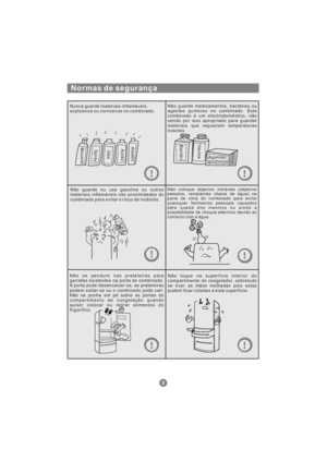 Page 146Normas de segurança
Nunca guarde materiais inflamáveis,
explosivos ou corrosivos no combinado.Não guarde medicamentos, bactérias ou
agentes químicos no combinado. Este
combinado é um electrodoméstico, não
sendo por isso apropriado para guardar
materiais que requeiram temperaturas
exactas.
Não guarde ou use gasolina ou outros
materiais inflamáveis nas proximidades do
combinado para evitar o risco de incêndio.
Não coloque objectos instáveis (objectos
pesados, recipientes cheios de água) na
parte de cima do...