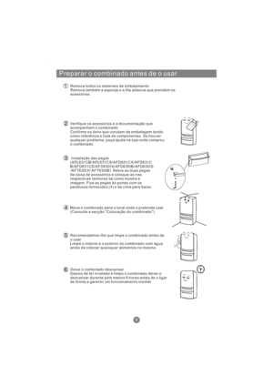 Page 149Preparar o combinado antes de o usar
Remova todos os materiais de embalamento
Remova também a esponjaeafitaadesiva que prendem os
acessórios.
Verifique os acessórioseadocumentaçãoque
acompanham o combinado
Confirme os itens que constam da embalagem tendo
como referência e lista de componentes. Se houver
qualquer problema, peça ajuda na loja onde comprou
o combinado.
Instalação das pegas
(
AFT630IX/ AFT630IB) Retire as duas pegas
da caixa de acessórios e coloque-as nas
respectivas ranhuras tal como mostra...