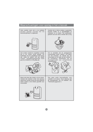 Page 188Waarschuwingen voor opslag in het vriesvak
Heet voedsel moet niet in de koelkast
worden gelegd voordat het tot
kamertemperatuur is afgekoeldVoedsel dat in kleine stukjes is gesneden
bevriest sneller en is gemakkelijker te
ontdooien en te koken. Het aanbevolen
gewicht voor een stuk is minder dan 2,5 kg.
Het is beter voedsel te verpakken voordat
het in de vriezer wordt gelegd. De
buitenkant van de verpakking moet droog
zijn, zodat de zakken niet aan elkaar
vriezen. Verpakkingsmateriaal moet
geurvrij,...