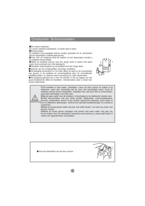 Page 190Ontdooien ·Schoonmaken
De vriezer ontdooien
De vriezer ontdooit automatisch. U hoedt niets te doen.
Schoonmaken
De koelkast moet geregeld schoon worden gemaakt om te verhinderen
dat het opgeslagen voedsel gaat geuren.
Trek voor de veiligheid eerst de stekker uit het stopcontact voordat u
de koelkast schoonmaakt.
Maak de koelkast schoon met een droge doek of spons met warm
water (met eventueel een mild detergent).
Verwijder waterdruppels op de koelkast met een droge doek.
Gebruik van het reinigingsfilter...