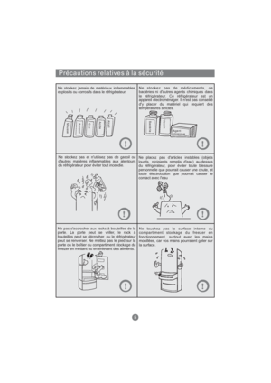 Page 64Précautions relatives à la sécurité
Ne stockez jamais de matériaux inflammables,
explosifs ou corrosifs dans le réfrigérateur.Ne stockez pas de médicaments, de
bactéries ni d'autres agents chimiques dans
le réfrigérateur. Ce réfrigérateur est un
appareil électroménager. Il n'est pas conseillé
d'y placer du matériel qui requiert des
températures strictes.
Ne stockez pas et n'utilisez pas de gasoil ou
d'autres matières inflammables aux alentours
du réfrigérateur pour éviter tout...