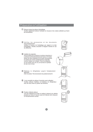 Page 67Préparation à l'utilisation
Enlevez toutes les pièces d'emballage
Veuillez également enlever l'embase en mousse et les rubans adhésifs qui fixent
les accessoires.
Vérifiez les accessoires et les documents
d'accompagnement
Vérifiez le contenu de l'emballage par rapport à la liste
d'emballage. Veuillez consulter le magasin d'achat en cas
de différence.
Installez les poignées
(
)
Sortez les deux poignées de la boîte d'accessoires
et insérez-les à leurs emplacements...