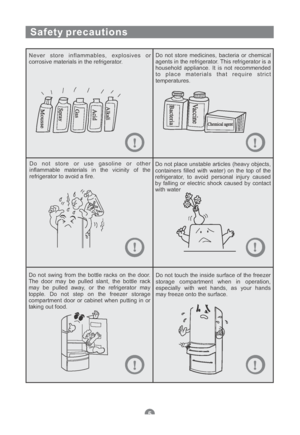Page 7Safety precautions
Never store inflammables, explosives or
corrosive materials in the refrigerator.Do not store medicines, bacteria or chemical
agents in the refrigerator. This refrigerator is a
household appliance. It is not recommended
to place materials that require strict
temperatures.
Do not store or use gasoline or other
inflammable materials in the vicinity of the
refrigerator to avoid a fire.Do not place unstable articles (heavy objects,
containers filled with water) on the top of the...