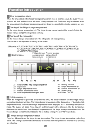 Page 15Function introduction
When the temperature in the freezer storage compartment rises to a certain value, the Super Freeze
indicator will flash and the buzzer will sound 1 beep every second. The buzzer may be silenced when
the temperature in the freezer storage compartment drops to a specified level or by pressing any key.
Over temperature alarm
Set the fridge storage temperature to 0. The fridge storage compartment will be turned off while the
freezer storage compartment operates normally.
Turning off the...