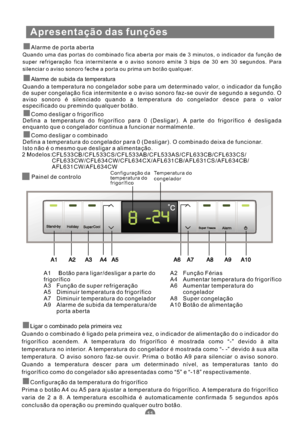 Page 152Apresentação das funções
Alarme de porta aberta
Alarme de subida da temperatura
Quando a temperatura no congelador sobe para um determinado valor, o indicador da função
de super congelação fica intermitenteeoavisosonoro faz-se ouvir de segundo a segundo. O
aviso sonoro é silenciado quando a temperatura do congelador desce para o valor
especificado ou premindo qualquer botão.
Como desligar o frigorífico
Defina a temperatura do frigorífico para 0 (Desligar). A parte do frigorífico é desligada
enquanto que...