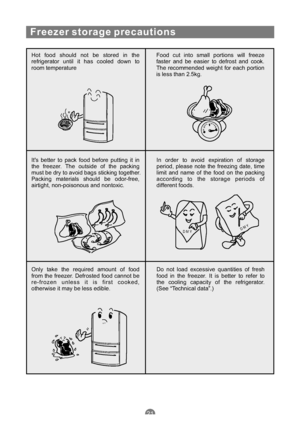 Page 24Freezer storage precautions
Hot food should not be stored in the
refrigerator until it has cooled down to
room temperatureFood cut into small portions will freeze
faster and be easier to defrost and cook.
The recommended weight for each portion
is less than 2.5kg.
Its better to pack food before putting it in
the freezer. The outside of the packing
must be dry to avoid bags sticking together.
Packing materials should be odor-free,
airtight, non-poisonous and nontoxic.In order to avoid expiration of...