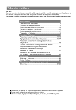 Page 59Table des matières
Avant utilisation
Instructions dutilisation
Maintenance
Réponse aux questions, service après-vente Caractéristiques principales .......................................................1
Description des différents composants ...................................2-3
Précautions relatives à la sécurité...........................................4-6
Environnement de positionnemen .............................................t7
Préparation à lutilisation...