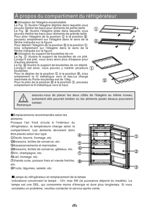 Page 76À propos du compartiment du réfrigérateur
Utilisation de létagère escamotable
La Fig. illustre létagère dépliée dans laquelle vous
pouvez mettre les bacs pour aliments de petite taille.
La Fig. illustre létagère pliée dans laquelle vous
pouvez mettre les bacs pour aliments de grande taille.
Pour plier létagère de la position à la position ,
poussez simplement sur létagère dans le sens de la
flèche indiquée sur la figure.
Pour déplier létagère de la position à la position ,
tirez simplement sur létagère...