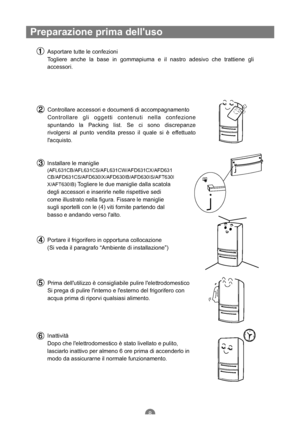 Page 95Preparazione prima delluso
Asportare tutte le confezioni
Togliere anche la base in gommapiuma e il nastro adesivo che trattiene gli
accessori.
Controllare accessori e documenti di accompagnamento
Controllare gli oggetti contenuti nella confezione
spuntando la Packing list. Se ci sono discrepanze
rivolgersi al punto vendita presso il quale si è effettuato
lacquisto.
Installare le maniglie
AFT630I
X/AFT630IB
Togliere le due maniglie dalla scatola
degli accessori e inserirle nelle rispettive sedi
come...