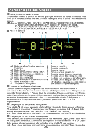 Page 154Apresentação das funções
3 Modelo:
Painel de controlo
A1 Botão para ligar/desligar a parte do
frigorífico
A2 Botão Menu
A3 Botão para aumentar a temperatura
A4 Botão para diminuir a temperatura
A5 Botão de confirmação
A6 Botão de alimentação
B Ícone da função de super refrigeração
C Ícone da função Férias
D Temperatura do frigoríficoE Ícone do frigorífico
F Ícone do congelador
G Ícone de alarme
H Temperatura do congelador
I Ícone da função de super congelação
J Ícone da função de gelo (apenas nos
modelos...