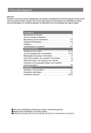 Page 169Inhoudsopgave
Lees deze handleiding nauwkeurig voordat u het toestel gebruikt.
Bewaar deze handleiding voor latere naslag.
Bekijk het toestel zelf voor het uiterlijk, de kleur en het patroon op de deur.
Voor gebruik
Gebruiksinstructies
Onderhoud Belangrijkste kenmerken ............................................................1
Beschrijving van de onderdelen ..............................................2-3
Veiligheidsmaatregelen ...........................................................4-6
Plaatsing...