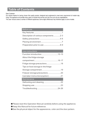 Page 2Table of Contents
Before use
Use instructions
Maintenance K e y f e a t u r e s .......................................................1
Description of various components.............2 - 3
Safety precautions........................................4- 6
P l a c i n g e n v i r o n m e n t .........................................7
Preparation prior to use................................8 - 9
Function introduction................................1 0 - 1 5
About the fridge storage
c o m p a r t m e n t...
