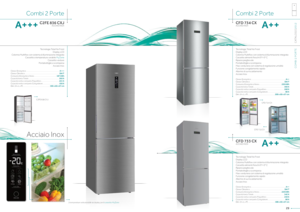 Page 15CFD 733 CX
Tecnologia Total No Frost
Display LCD
Colonna Multiflow con sistema di illuminazione integrata
Cassetto alimenti freschi 0°/+3° C
Ripiano pieghevole
Portabottiglie a scomparsa
Maxi verduriera con sistema di regolazione umidità
Funzione congelamento rapido
Allarme di surriscaldamento
Acciaio Inox
Classe Energetica ........................................................................\
......A++
Classe Climatica ........................................................................\
.........