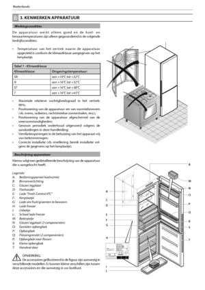 Page 1123
Nederlands
 Werkingscondities
De apparatuur werkt alleen goed en de koel- en 
bewaartemperaturen zijn alleen gegarandeerd in de volgende 
bedrijfscondities:
tTemperatuur van het vertrek waarin de apparatuur 
opgesteld is conform de klimaatklasse aangegeven op het 
kenplaatje.
Tabel 1 - Klimaatklasse
Klimaatklasse: Omgevingstemperatuur:
SN  van +10°C tot +32°C
N  van +16°C tot +32°C
ST  van +16°C tot +38°C
T  van +16°C tot +43°C
t .BYJNBMF SFMBUJFWF WPDIUJHIFJETHSBBE JO IFU WFSUSFL
90%;
t...