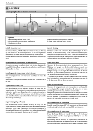 Page 1189
Nederlands
 6. GEBRUIK
  Beschrijving functies koelruimte en vriesvak  
Initiële stroomtoevoer
#JKEFJOTDIBLFMJOH
MJDIUEFJOEJDBUPSWBOEFWPFEJOH	$
	1PXFS

PQ )FU BMBSN WBO EF PWFSUFNQFSBUVVS [BM JO XFSLJOH USFEFO
omwille van de hoge temperatuur aanwezig in de ruimtes.
Om het geluidsalarm uit te schakelen, druk op een willekeurige 
toets.
Instelling van de temperatuur in de koelruimte
Om de temperatuur in de koelruimte in te stellen, draai aan de 
LOPQ	#...