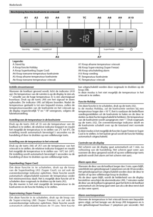 Page 11910
Nederlands
  Beschrijving functies koelruimte en vriesvak 
Initiële stroomtoevoer
Wanneer de koelkast gevoed wordt, licht de indicator (A10 
PQ
%FUFNQFSBUVVSWBOEFSVJNUFTJTPQEFEJTQMBZUF[JFOBMT
ii PNXJMMF WBO EF IPHF UFNQFSBUVVS &S JT FFO BMBSNTJHOBBM
hoorbaar. Druk op de toets (A9) om het signaal te doen 
ophouden. De indicator (A9) zal blijven branden. Nadat de 
temperatuur gedaald is tot een bepaald niveau, zullen de 
temperatuurwaarden van de koelruimte en het vriesvak op...