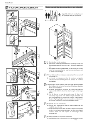 Page 125
Nederlands
 8. BUITENGEWOON ONDERHOUD
1
AC
A
B
F
ED
AAA
1C
1A
1B
2
2A
CLICK!
C1C
3A
3
A
3B
4B
4
B
5
D
33C
4A
4C
5A
5B
2B
 ,PQQFMEFFMFLUSJTDIFWPFEJOHMPTWPPS
de ingreep en ledig de apparatuur.
1  A)  Open de deur van de koelkast;
 #
 HFCSVJLFFOQMBUUFTDISPFWFOESBBJFSPQCFJEFDMJQTPNEFLPQ
te verwijderen langs de bovenkant van      de deur en naar boven 
toe; 
 $
HFCSVJLFFOQMBUUFTDISPFWFOESBBJFSPNEFDMJQTSFDIUTFOMJOLT
POEFS IFU CPWFOTUF TDIBSOJFS OBBS CFOFEFO UF...