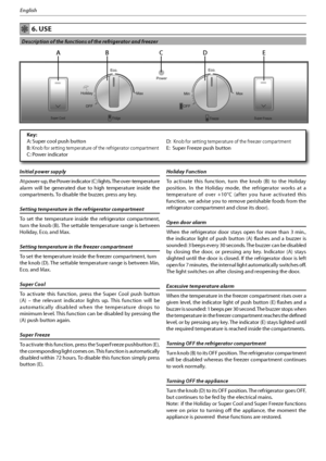 Page 28
English
 6. USE
  Description of the functions of the refrigerator and freezer
Initial power supply
At power-up, the Power indicator (C) lights. The over-temperature 
alarm will be generated due to high temperature inside the 
DPNQBSUNFOUT5PEJTBCMFUIFCV[[FS
QSFTTBOZLFZ
Setting temperature in the refrigerator compartment
To set the temperature inside the refrigerator compartment, 
UVSOUIFLOPC	#
5IFTFUUBCMFUFNQFSBUVSFSBOHFJTCFUXFFO
)PMJEBZ
&DP
BOE.BY
Setting temperature in the...