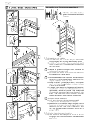 Page 53
Français
 8. ENTRETIEN EXTRAORDINAIRE
1
AAAA
1C
1A
1B
2
2A
CLICK!
C1C
3A
3
A
3B
4B
4
B
5
D
33C
4A
4C
5A
5B
2B
 Débrancher l’alimentation électrique 
et vider l’appareil avant toute opération 
d’entretien.
1  A)   Ouvrir la porte du frigidaire;
 #
 BWFDVOUPVSOFWJT
BHJSTVSMFTEFVYDMJQTQPVSFOMFWFSMBU