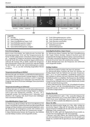 Page 6510
Deutsch
  Beschreibung der Funktionen des Kühl- und des Gefrierteils
Erste Stromanlegung 
Beim ersten Einschalten des Kühlschranks leuchtet die 
Versorgungsanzeige (A10) auf. Die Temperaturwerte der 
Fächer werden aufgrund der vorhandenen hohen Temperatur 
als „-“ angezeigt. Es erfolgt ein akustisches Alarmsignal. Durch 
Druck der Taste (A9) wird das akustische Signal unterbrochen, 
während die Anzeige (A9) an bleibt. Sobald die Temperatur 
einen bestimmten unteren Wert erreicht hat, zeigt das Display...