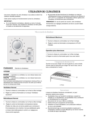 Page 31PUISSANCE      Eteindre le climatisseur. 
BASSE     L’operation du ventilateur sur une vitesse basse avec 
ou sans refroidissant .
HAUTE    L’operation du ventilateur sur une vitesse haute avec 
ou sans refroidissant.
Ceci controlera automatiquement la temperature interieure.Pour un 
KH
soit sur la marque plus froide.
1.   Tournez la vitesse du commutateur sur le Haut ou Bas montage .
2.   Reglez le control du thermostat sur la marque “Ventilateur 
seulement” .
1.   Tournez la vitesse du commutateur sur...