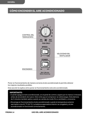 Page 56
Poner en funcionamient o de  maner a corr ecta  el air e ac ondicionado  le permite  obtener 
los  mejor es resultados  posibles.
E sta  sección  le explica  cómo  poner  en funcionamient o este  aire ac ondicionado.

CÓMO  ENCENDER  EL AIRE  AC ONDICIONADO

IMPOR TANTE:  
•    Cuando  apague el air e ac ondicionado , en  el panel  de contr ol, esper e por  lo menos  3 minut os 
antes  de encenderlo  de nuevo.  Est o evita  que el compr esor se sobr ecargue.  Esta  demor a 
de  3 minut os también...