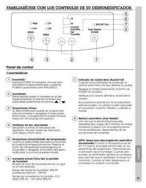 Page 2121
FAMILIARÍCESE CON LOS CONTROLES DE SU DESHUMIDIFICADOR.
Panel de control
Características:
1 Encendido
Presione POWER (Encendido) una vez para
ENCENDER el deshumidificador y presione
POWER nuevamente para APAGARLO.
2Humidistato 
Éste le permite ajustar la humedad en el aire.
Puede establecer el nivel de humedad que
usted desee presionando los botones        y        .
3 Temporizador (Timer)
Su deshumidificador puede ser programado
para encenderse y apagarse a horas prede-
terminadas. La programación...
