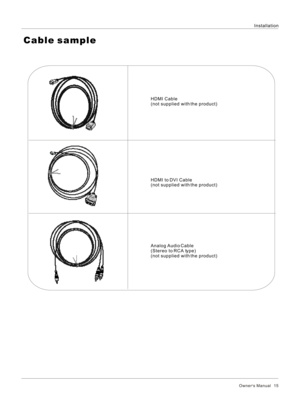 Page 15HDMI Cable
(not supplied with the product)
HDMI to DVI Cable
(not supplied with the product)
 Analog Audio Cable
(Stereo to RCA type)
(not supplied with the product)InstallationCable sampleOwner s Manual   15 