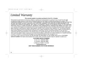Page 1010
This warranty applies to products purchased in the U.S. or Canada.
This product is warranted to be free from defects in material and workmanship for a period of one (1) year from the date 
of original purchase, except as noted below. During this period, we will repair or replace this product at our option. THE
FOREGOING WARRANTY IS IN LIEU OF ANY OTHER WARRANTY OR CONDITION, WHETHER EXPRESS OR IMPLIED, WRITTEN
OR ORAL INCLUDING, WITHOUT LIMITATION, ANY STATUTORY WARRANTY OR CONDITION OF...