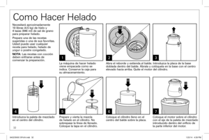 Page 3232
Como Hacer Helado
123
4657
La máquina de hacer helado 
viene empacada como se  
indica. Conserve la caja para   
su almacenamiento. Abra el reborde y extienda el balde. Introduzca la placa de la base 
doblada dentro del balde. Ábrala y colóquela en la base con el cen\
tro 
elevado hacia arriba. Quite el motor del cilindro.
Introduzca la paleta de mezclado 
en el centro del cilindro. Coloque el cilindro lleno en el 
centro del balde sobre la placa.
Prepare y vierta la mezcla 
de helado en el cilindro....