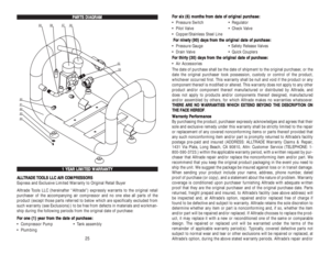 Page 14P PA
AR
RT
TS
S 
 D
DI
IA
AG
GR
RA
AM
M
1
1 
 Y
YE
EA
AR
R 
 L
LI
IM
MI
IT
TE
ED
D 
 W
WA
AR
RR
RA
AN
NT
TY
Y
A
AL
LL
LT
TR
RA
AD
DE
E 
 T
TO
OO
OL
LS
S 
 L
LL
LC
C 
 A
AI
IR
R 
 C
CO
OM
MP
PR
RE
ES
SS
SO
OR
RS
S
Express and Exclusive Limited Warranty to Original Retail Buyer
Alltrade Tools LLC (hereinafter “Alltrade”) expressly warrants to the original retail
purchaser of the accompanying air compressor and no one else all parts of the
product (except those parts referred to below which are specifically...