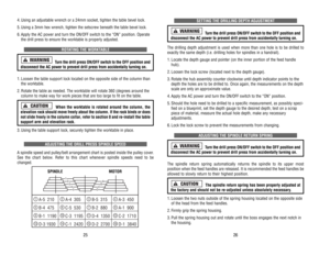 Page 14SETTING 
THE 
DRILLING 
DEPTH 
ADJUSTMENT
Turn the drill press ON/OFF switch to the OFF position and
disconnect the AC power to prevent drill press from accidentally turning on.
The 
drilling 
depth 
adjustment 
is used 
when 
more 
than 
one 
hole 
is to 
be 
drilled 
to
exactly 
the 
same 
depth 
(i.e. 
drilling 
holes 
for 
spindles 
in a handrail).
1.Locate 
the 
depth 
gauge 
and 
pointer 
(on 
the 
inner 
portion 
of 
the 
feed 
handle
hub).2.Loosen 
the 
lock 
screw 
(located 
next 
to 
the 
depth...