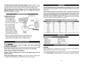 Page 7T Th
he
e 
 b
ba
at
tt
te
er
ry
y 
 p
pa
ac
ck
k 
 a
an
nd
d 
 c
ch
ha
ar
rg
ge
er
r 
 h
he
ea
at
t 
 d
du
ur
ri
in
ng
g 
 c
ch
ha
ar
rg
gi
in
ng
g.
. 
 
Place the charger on a flat, 
non-flammable surface away from flammable materials with at least four inches of
clearance to allow proper air circulation around the charger and battery pack.
W Wh
he
en
n 
 t
th
he
e 
 b
ba
at
tt
te
er
ry
y 
 p
pa
ac
ck
k 
 r
re
eq
qu
ui
ir
re
es
s 
 r
re
ec
ch
ha
ar
rg
gi
in
ng
g,
, 
 a
a 
 3
3-
-5
5 
 h
ho
ou
ur
r...