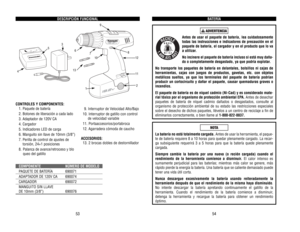 Page 28BA
TERÍA
Antes 
de 
usar 
el 
paquete 
de 
batería, 
lea 
cuidadosamente
todas 
las 
instrucciones 
e indicadores 
de 
precaución 
en 
el
paquete 
de 
batería, 
el 
cargador 
y en 
el 
producto 
que 
lo 
va
a utilizar
.
No 
incinere 
el paquete 
de 
batería 
incluso 
si está 
muy 
daña-
do 
o completamente 
desgastado, 
ya 
que 
podría 
explotar
.
No 
transporte 
los 
paquetes 
de 
batería 
en 
delantales, 
bolsillos 
ni 
cajas 
de
herramientas, 
cajas 
con 
juegos 
de 
productos, 
gavetas, 
etc. 
con...