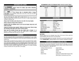 Page 37R RE
EC
CO
OM
MM
ME
EN
ND
DE
ED
D 
 S
SI
IZ
ZE
ES
S 
 O
OF
F 
 E
EX
XT
TE
EN
NS
SI
IO
ON
N 
 C
CO
OR
RD
DS
S 
 1
12
20
0 
 V
VO
OL
LT
T 
 A
AC
C 
 6
60
0 
 H
HZ
Z 
 T
TO
OO
OL
LS
ST
TO
OO
OL
L 
 C
CU
UR
RR
RE
EN
NT
T 
 R
RA
AT
TI
IN
NG
GC
CO
ON
ND
DU
UC
CT
TO
OR
R 
 S
SI
IZ
ZE
E 
 I
IN
N 
 A
A.
.W
W.
.G
G
AMPERE 10FT. 25FT. 50FT. 100FT.
3-6 18 18 18 186-8 18 18 18 168-10 18 18 18 1410-12 16 16 14 1412-16 14 12 12 -16-20 12 12 12 -
S
SP
PE
EC
CI
IF
FI
IC
CA
AT
TI
IO
ON
NS
S
S
SP
PE
EC
CI
IF
FI
IC
CA
AT...