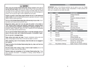 Page 17S SY
YM
MB
BO
OL
LS
S
I
IM
MP
PO
OR
RT
TA
AN
NT
T:
: 
 
Some of the following symbols may be used on your tool. Please
study them and learn their meaning. Proper interpretation of these symbols will
allow you to operate the tool better and safer.S SY
YM
MB
BO
OL
LN
NA
AM
ME
EE
EX
XP
PL
LA
AN
NA
AT
TI
IO
ON
N
V Volts Voltage (Potential)A Amperes CurrentHz Hertz Frequency (Cycles per Second)W Watt PowerKg Kilograms Weight
Alternating Current Type of CurrentDirect Current Type of CurrentAlternating or...