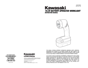 Page 1319.2V BATTERY-OPERATED WORKLIGHTINSTRUCTION MANUAL
COMPONENT
#840138-1HR
FOR CUSTOMER SERVICE
POUR LE SERVICE APRÉS VENTE
OU DU CONSOMMATEUR
PARA EL SERVICIO
PARA EL CONSUMIDOR1-800-590-3723
Printed in China
87-1904-60957
KAWASAKI™ IS A TRADEMARK LICENSED BY KAWASAKI™ MOTORS CORP., 
U.S.A., WHICH DOES NOT MANUFACTURE OR DISTRIBUTE THIS PRODUCT. 
CONSUMER INQUIRES SHOULD BE DIRECTED TO:
©COPYRIGHT 2006 ALLTRADE TOOLS, LLC.
1431 VIA PLATA
LONG BEACH, CA 90810-1462 USA840138 – 19.2V Green Cordless...