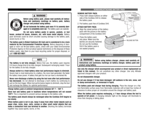 Page 18BA
TTER
Y
Before using battery pack, please read carefully all instruc-
tions and cautionarymarkings 
on 
batter
y pack, 
batter
y
charger 
and 
product 
using 
batter
y.
Do not incinerate the battery pack even if it is severely dam-
aged or is completely worn out.The battery pack can explode.
Do 
not 
carr
y batter
y packs 
in 
aprons, 
pockets, 
or 
tool
boxes, 
product 
kit 
boxes, 
drawers, 
etc. 
with 
loose 
metal 
objects.
Batter
y
pack 
terminals 
could 
be 
short 
circuited 
causing 
damage 
to...