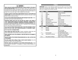 Page 5SYMBOLS
IMPOR
TANT
: Some 
of 
the 
following 
symbols 
may 
be 
used 
on 
your 
tool. 
Please
study 
them 
and 
learn 
their 
meaning. 
Proper 
interpretation 
of 
these 
symbols 
will
allow 
you 
to 
operate 
the 
tool 
better 
and 
safer
.
SYMBOL
NAME
EXPLANA
TION
V
Volts
Voltage 
(Potential)
A
Amperes
Current
Hz
Hertz
Frequency 
(Cycles 
per 
Second)
W
Watt
Power
Kg
Kilograms
Weight
Alternating 
Current
Type 
of 
Current
Direct 
Current
Type 
of 
Current
Alternating 
or 
Direct 
Current
Type 
of...