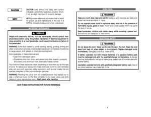 Page 14C CA
AU
UT
TI
IO
ON
N
used without the safety alert symbol
indicates a potentially hazardous situation which,
if not avoided, may result in property damage.
N NO
OT
TE
E
provides additional information that is useful
for proper use and maintenance of this tool. If a
NOTE is indicated make sure it is fully understood.
I IM
MP
PO
OR
RT
TA
AN
NT
T 
 S
SA
AF
FE
EG
GU
UA
AR
RD
DS
S
P Pe
eo
op
pl
le
e 
 w
wi
it
th
h 
 e
el
le
ec
ct
tr
ro
on
ni
ic
c 
 d
de
ev
vi
ic
ce
es
s,
, 
 s
su
uc
ch
h 
 a
as
s 
 p
pa
ac...