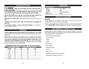 Page 19S SP
PE
EC
CI
IF
FI
IC
CA
AT
TI
IO
ON
NS
S
S
SP
PE
EC
CI
IF
FI
IC
CA
AT
TI
IO
ON
NS
SVoltage 19.2V Air Watts 50WCapacity   22 oz (for dry dust)Battery Type Ni-Cad
P
PR
RO
OT
TE
EC
CT
TI
IN
NG
G 
 T
TH
HE
E 
 E
EN
NV
VI
IR
RO
ON
NM
ME
EN
NT
T
B BA
AT
TT
TE
ER
RI
IE
ES
S
Alltrade batteries can be recharged many times. At the end of their useful life, 
recycle batteries with due care for our environment. 
Ni-Cad and Ni-MH batteries are recyclable. Take them to your local recycling center
or call 1 1-
-8
80...