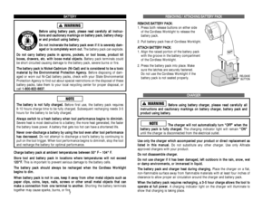 Page 26R RE
EM
MO
OV
VI
IN
NG
G 
 /
/ 
 A
AT
TT
TA
AC
CH
HI
IN
NG
G 
 B
BA
AT
TT
TE
ER
RY
Y 
 P
PA
AC
CK
K
R RE
EM
MO
OV
VE
E 
 B
BA
AT
TT
TE
ER
RY
Y 
 P
PA
AC
CK
K:
:
1. Press both release buttons on either side 
of the Cordless Worklight to release the 
battery pack.
2. Pull battery pack free of Cordless Worklight.
A AT
TT
TA
AC
CH
H 
 B
BA
AT
TT
TE
ER
RY
Y 
 P
PA
AC
CK
K:
:
1. Align the raised portion of the battery pack 
with the groove in the battery compartment 
of the Cordless Worklight.
2. Press the...