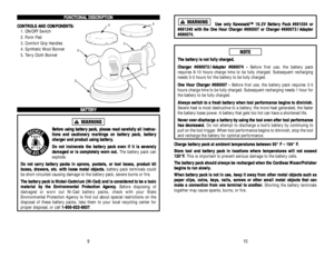 Page 6U Us
se
e 
 o
on
nl
ly
y 
 K
Ka
aw
wa
as
sa
ak
ki
i™
™ 
 1
19
9.
.2
2V
V 
 B
Ba
at
tt
te
er
ry
y 
 P
Pa
ac
ck
k 
 #
#6
69
91
10
03
34
4 
 o
or
r
# #6
69
91
12
24
40
0 
 w
wi
it
th
h 
 t
th
he
e 
 O
On
ne
e 
 H
Ho
ou
ur
r 
 C
Ch
ha
ar
rg
ge
er
r 
 #
#6
69
90
05
50
07
7 
 o
or
r 
 C
Ch
ha
ar
rg
ge
er
r 
 #
#6
69
90
00
07
72
2/
/A
Ad
da
ap
pt
te
er
r
# #6
69
90
00
07
74
4.
.
T Th
he
e 
 b
ba
at
tt
te
er
ry
y 
 i
is
s 
 n
no
ot
t 
 f
fu
ul
ll
ly
y 
 c
ch
ha
ar
rg
ge
ed
d.
.
C Ch
ha
ar
rg
ge
er
r 
 #
#6
69...