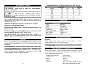 Page 20R RE
EC
CO
OM
MM
ME
EN
ND
DE
ED
D 
 S
SI
IZ
ZE
ES
S 
 O
OF
F 
 E
EX
XT
TE
EN
NS
SI
IO
ON
N 
 C
CO
OR
RD
DS
S 
 1
12
20
0 
 V
VO
OL
LT
T 
 A
AC
C 
 6
60
0 
 H
HZ
Z 
 T
TO
OO
OL
LS
ST
TO
OO
OL
L 
 C
CU
UR
RR
RE
EN
NT
T 
 R
RA
AT
TI
IN
NG
GC
CO
ON
ND
DU
UC
CT
TO
OR
R 
 S
SI
IZ
ZE
E 
 I
IN
N 
 A
A.
.W
W.
.G
G
AMPERE 10FT. 25FT. 50FT. 100FT.
3-6 18 18 18 186-8 18 18 18 168-10 18 18 18 1410-12 16 16 14 1412-16 14 12 12 -16-20 12 12 12 -
S
SP
PE
EC
CI
IF
FI
IC
CA
AT
TI
IO
ON
NS
S
S
SP
PE
EC
CI
IF
FI
IC
CA
AT...