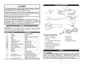 Page 5F FU
UN
NC
CT
TI
IO
ON
NA
AL
L 
 D
DE
ES
SC
CR
RI
IP
PT
TI
IO
ON
N
C CO
ON
NT
TR
RO
OL
LS
S 
 A
AN
ND
D 
 C
CO
OM
MP
PO
ON
NE
EN
NT
TS
S:
:
1. 13mm (1/2”) Chuck
2. Hammer / Drill Selector
3. Belt Clip
4. 1/2” Variable Speed Hammer-Drill
5. Lock-On Switch
6. Forward/Reversing Switch Lever 
7. Speed Control Adjusting Switch
8. On/Off Trigger Switch 
9. Chuck Key Holder
A AS
SS
SE
EM
MB
BL
LY
Y
D Di
is
sc
co
on
nn
ne
ec
ct
t 
 t
th
he
e 
 p
po
ow
we
er
r 
 p
pl
lu
ug
g 
 f
fr
ro
om
m 
 t
th
he
e 
 A
AC
C...