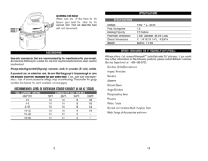 Page 8SPECIFICA
TIONS
SPECIFICA
TIONS
Voltage
120V 
60 
Hz 
Peak 
Horsepower
1.5 
Holding 
Capacity
2.2 
Gallons
Flex 
Hose 
Dimensions
1 5/8 
Diameter
, 56 
3/4 
Long
Overall 
Dimensions
11 
1/4 
W, 14 
1/4L, 
14 
3/4 
H
Weight
Approx. 
7.0 
lbs
OTHER 
CONSUMER 
DO-IT
-YOURSELF 
(DIY) 
TOOLS
Alltrade 
offers 
a full 
range 
of 
Kawasaki™ 
tools 
that 
make 
DIY 
jobs 
easy
. If you 
would
like 
further 
information 
on 
the 
following 
products, 
please 
contact 
Alltrade 
Customer
Ser
vice 
Department 
at...