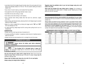 Page 10R Re
eg
gu
ul
la
ar
rl
ly
y 
 c
cl
le
ea
an
n 
 t
th
he
e 
 v
ve
en
nt
ti
il
la
at
ti
io
on
n 
 s
sl
lo
ot
ts
s 
 i
in
n 
 y
yo
ou
ur
r 
 t
to
oo
ol
l 
 a
an
nd
d 
 c
ch
ha
ar
rg
ge
er
r 
 u
us
si
in
ng
g 
 o
on
nl
ly
y 
 a
a 
 s
so
of
ft
t
b br
ru
us
sh
h 
 o
or
r 
 d
dr
ry
y 
 c
cl
lo
ot
th
h.
.
N Ne
ev
ve
er
r 
 o
op
pe
en
n 
 t
th
he
e 
 C
Co
or
rd
dl
le
es
ss
s 
 D
Dr
ri
il
ll
l 
 c
ca
as
se
e,
, 
 b
ba
at
tt
te
er
ry
y 
 p
pa
ac
ck
k 
 o
or
r 
 c
ch
ha
ar
rg
ge
er
r.
.
Do not attempt to
repair the...