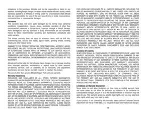 Page 10EXCLUSION 
AND 
DISCLAIMER 
OF 
ALL 
IMPLIED 
WARRANTIES, 
INCLUDING 
THE
IMPLIED 
WARRANTIES 
OF 
MERCHANT
ABILITY 
AND 
FITNESS 
FOR 
A PARTICULAR
PURPOSE. 
NO 
WARRANTY
, ORAL 
OR 
WRITTEN, 
OTHER 
THAN 
THE 
ABOVE 
WARRANTY 
IS 
MADE 
WITH 
REGARD 
TO 
THIS 
PRODUCT
. ALL 
EXPRESS 
AND/OR
IMPLIED 
WARRANTIES, 
GUARANTIES 
AND/OR 
REPRESENT
ATIONS 
BY 
ALL
TRADE
AND/OR 
ITS 
REPRESENT
ATIVE(S) 
REGARDING 
THE 
DESIGN, 
MANUF
ACTURE,
PURCHASE, 
USE 
AND/OR 
OPERA
TION 
OF 
THE 
PRODUCT 
OR 
ANY...