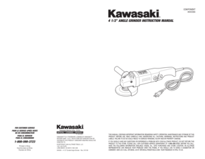 Page 1COMPONENT
#840066
87-1904-60957
KAWASAKI™ IS A TRADEMARK LICENSED BY KAWASAKI™
MOTORS CORP., U.S.A., WHICH DOES NOT MANUFACTURE OR 
DISTRIBUTE THIS PRODUCT. CONSUMER INQUIRES SHOULD BE
DIRECTED TO:
©COPYRIGHT 2006 ALLTRADE TOOLS, LLC.
1431 VIA PLATA
LONG BEACH, CA 90810-1462 USA
840066 – 4-1/2 Corded Angle Grinder - Rev. 3/31/06
4 1/2 " ANGLE GRINDER INSTRUCTION MANUALTHIS MANUAL CONTAINS IMPORTANT INFORMATION REGARDING SAFETY, OPERATION, MAINTENANCE AND STORAGE OF THIS
PRODUCT. BEFORE USE, READ...